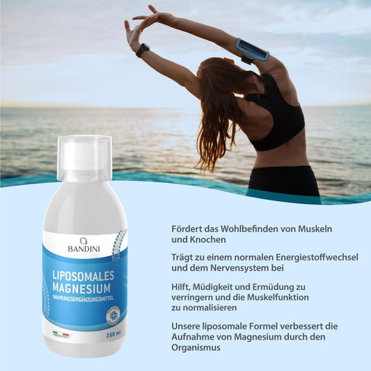 Bandini® Liposomales Magnesium | 250Ml Flüssigformat | Hochdosiert Mit 100Mg Je Tagesdosis | Für Muskelkrämpfe, Nervensystem, Müdigkeit | Laborgeprüft, Vegan | Alternative Zu Kapseln Und Pulver