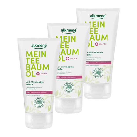 Alkmene 3X Teebaumöl Maske Gegen Pickel, Mitesser & Unreinheiten Vegan 75 Ml - 100% Bestätigen Pickel Reduktion - Gesichtsmaske Männer & Frauen, Gesichtsmaske Mitesser Maske Männer, anti Pickel