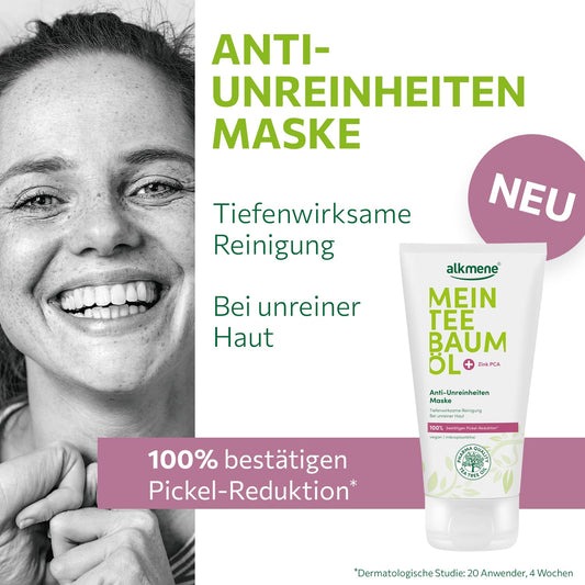 Alkmene 3X Teebaumöl Maske Gegen Pickel, Mitesser & Unreinheiten Vegan 75 Ml - 100% Bestätigen Pickel Reduktion - Gesichtsmaske Männer & Frauen, Gesichtsmaske Mitesser Maske Männer, anti Pickel