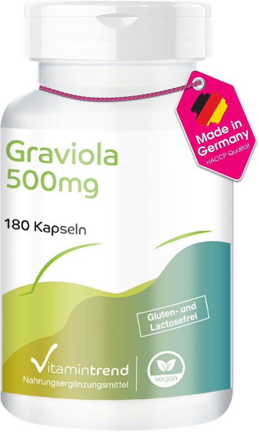 Vitamintrend Graviola Hochdosiert 500Mg, 180 Kapseln, Aus Graviola-Frucht, Stachelannone, Soursop, Veganes Nahrungsergänzungsmittel Ohne Zusätze, in Deutschland Hergestellt